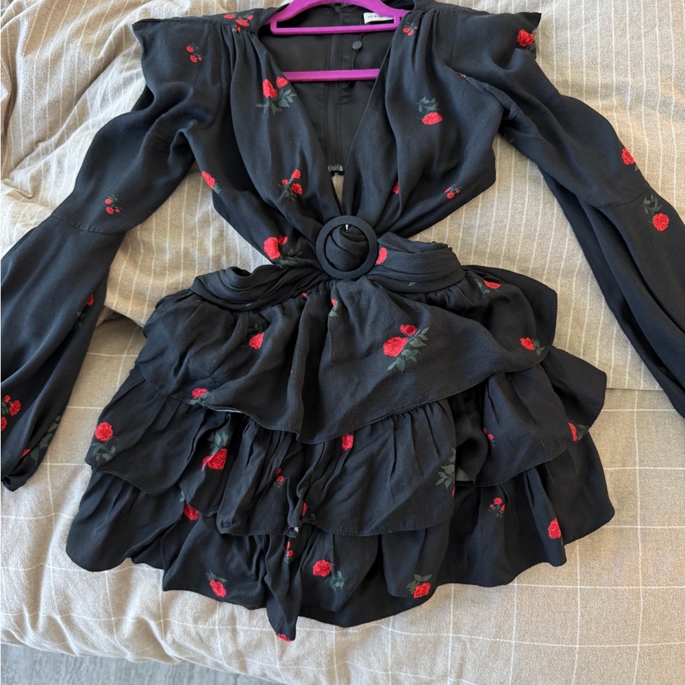 Chic Black Dress with Red Floral Details